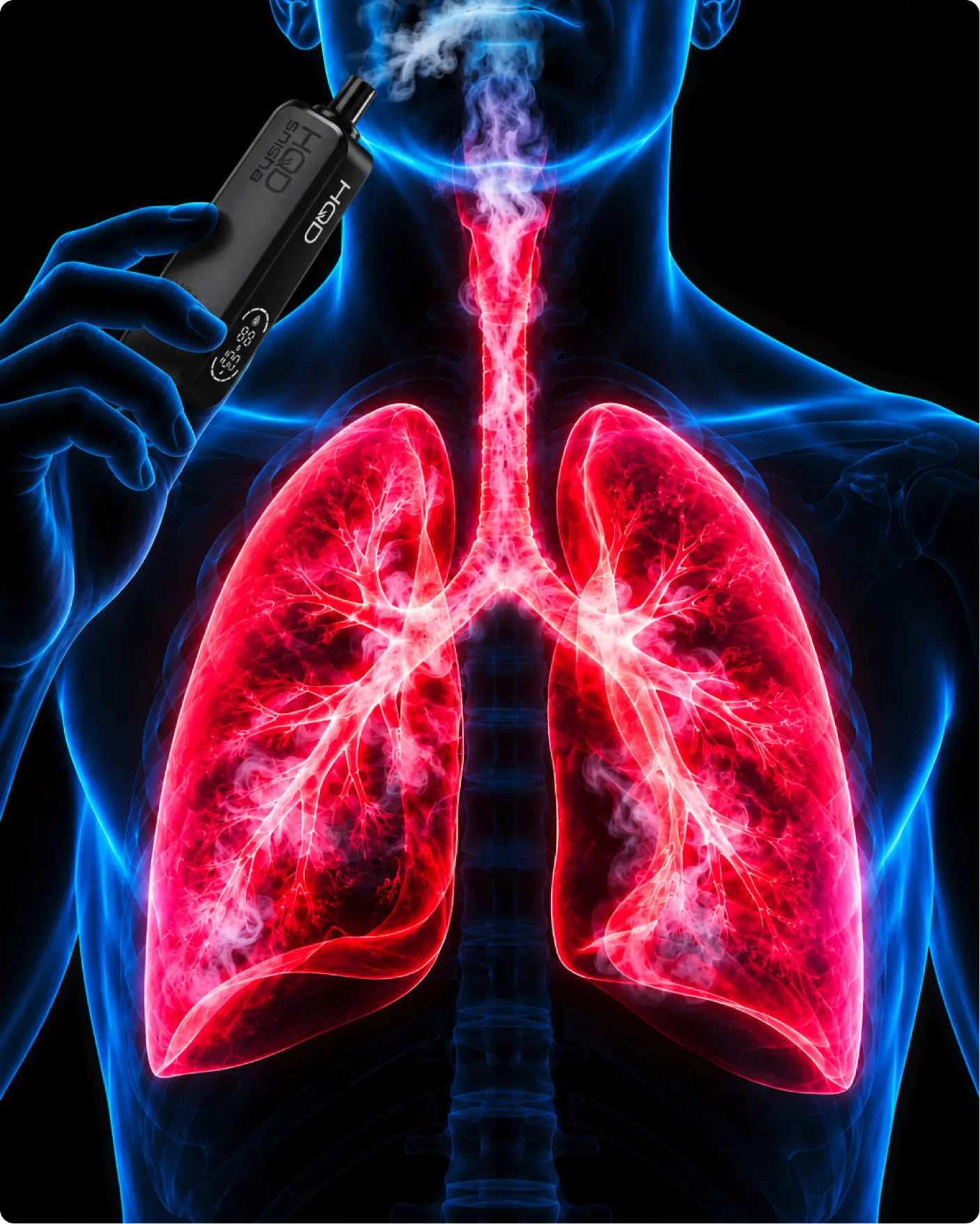 Direct-to-lung vaping illustration with glowing lungs