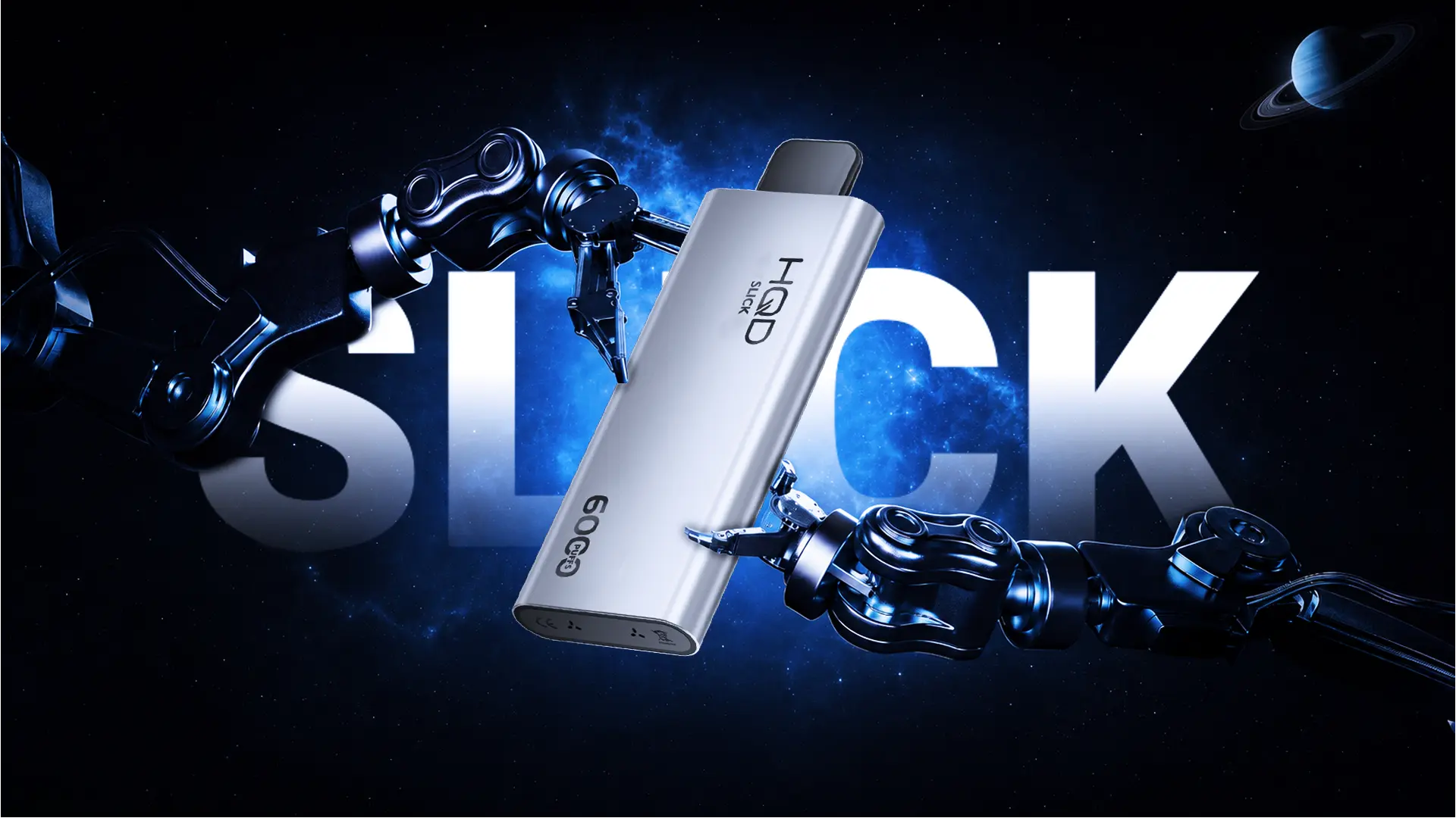 HQD Cuvie Slick — futuristic robotic arms holding the device