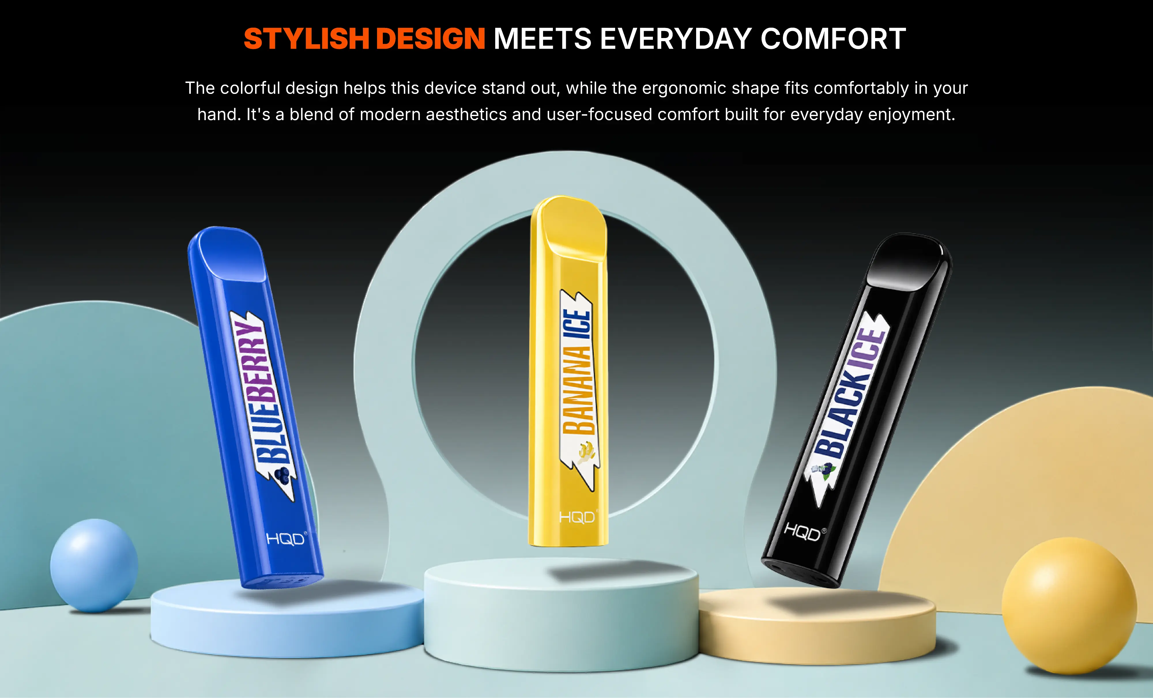 HQD V1 stylish design banner — three devices on pedestals