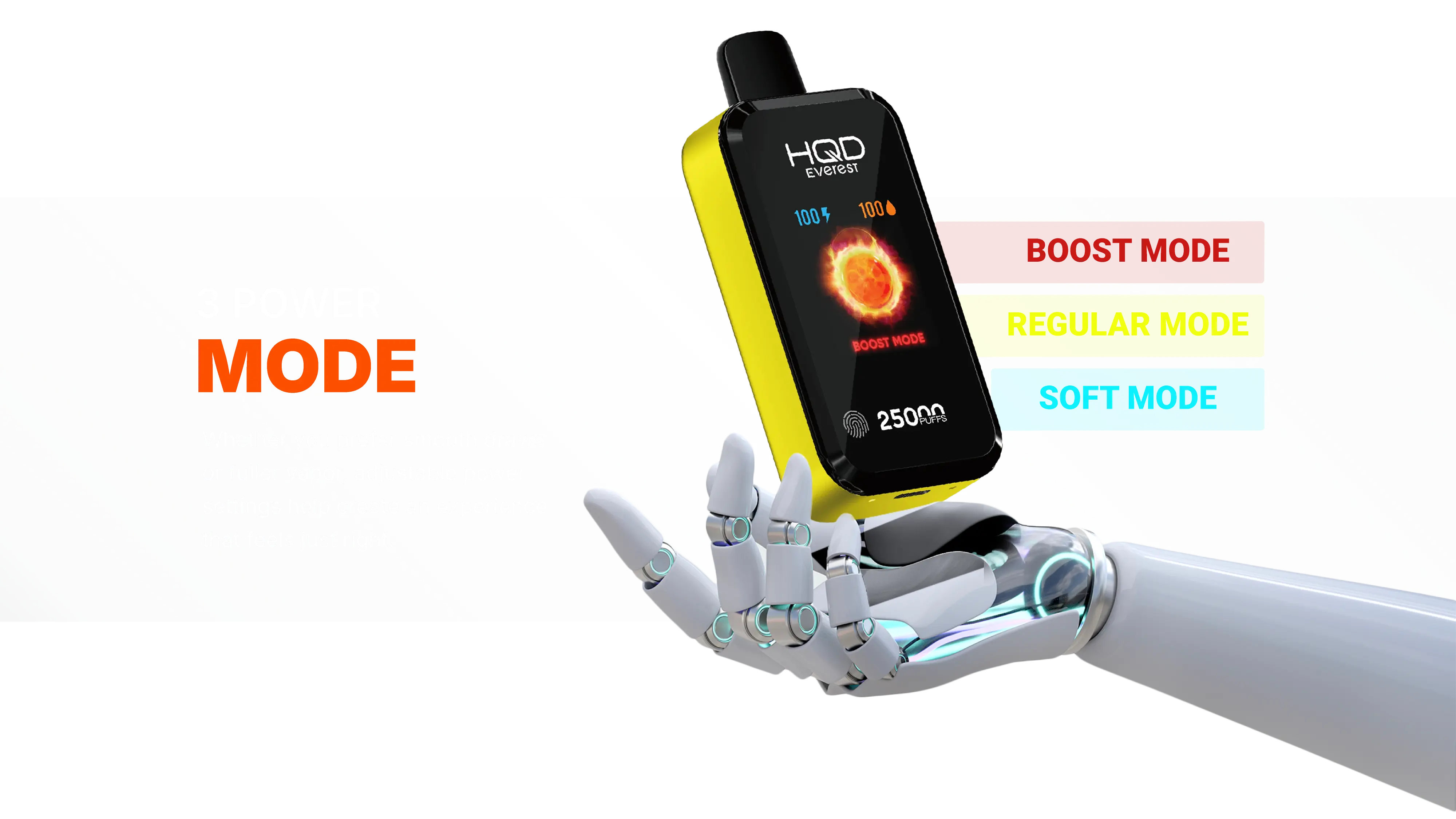 HQD Everest mode showcase — Boost, Regular, and Soft modes