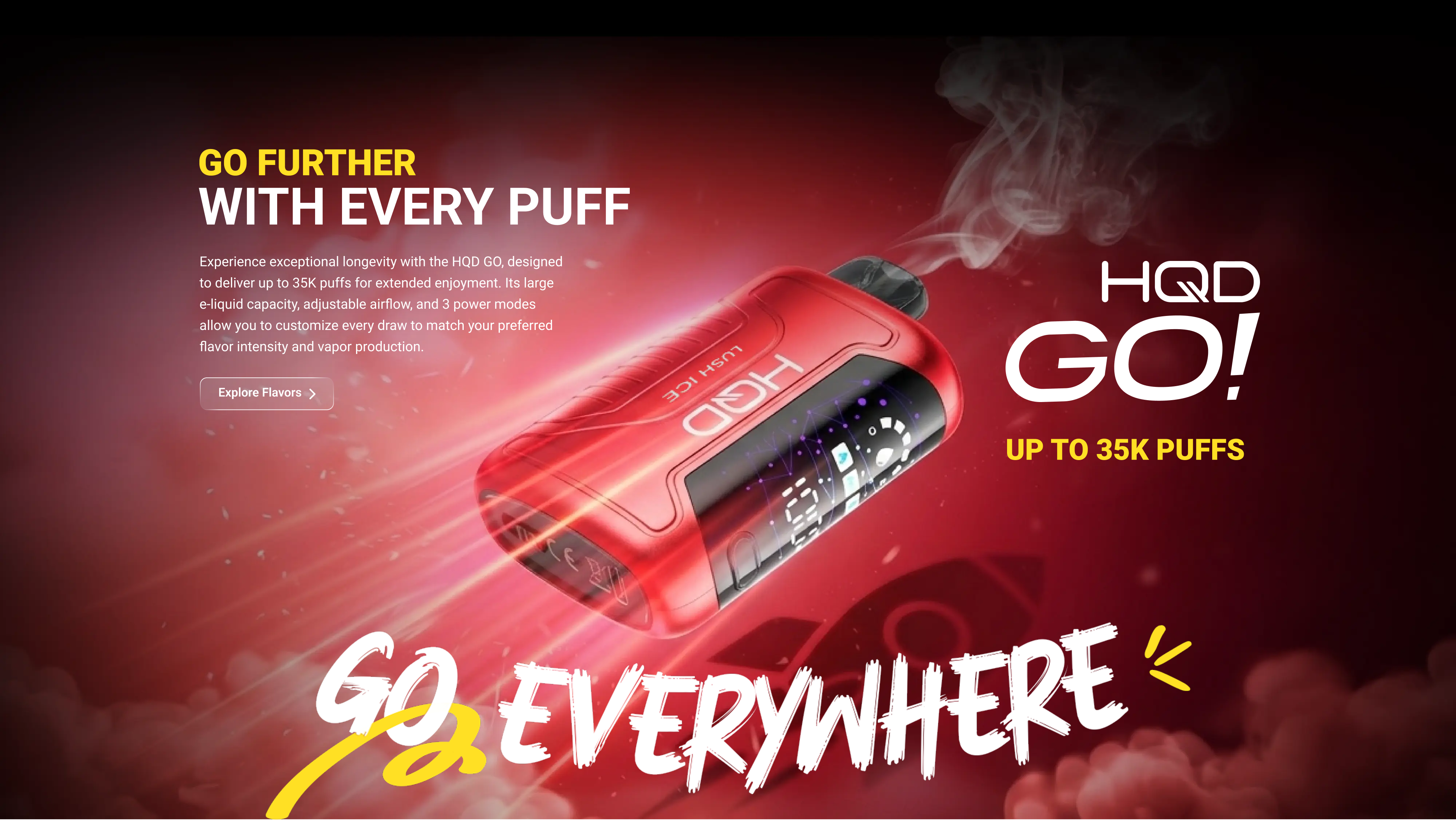 HQD Go hero banner — go everywhere, up to 35000 puffs