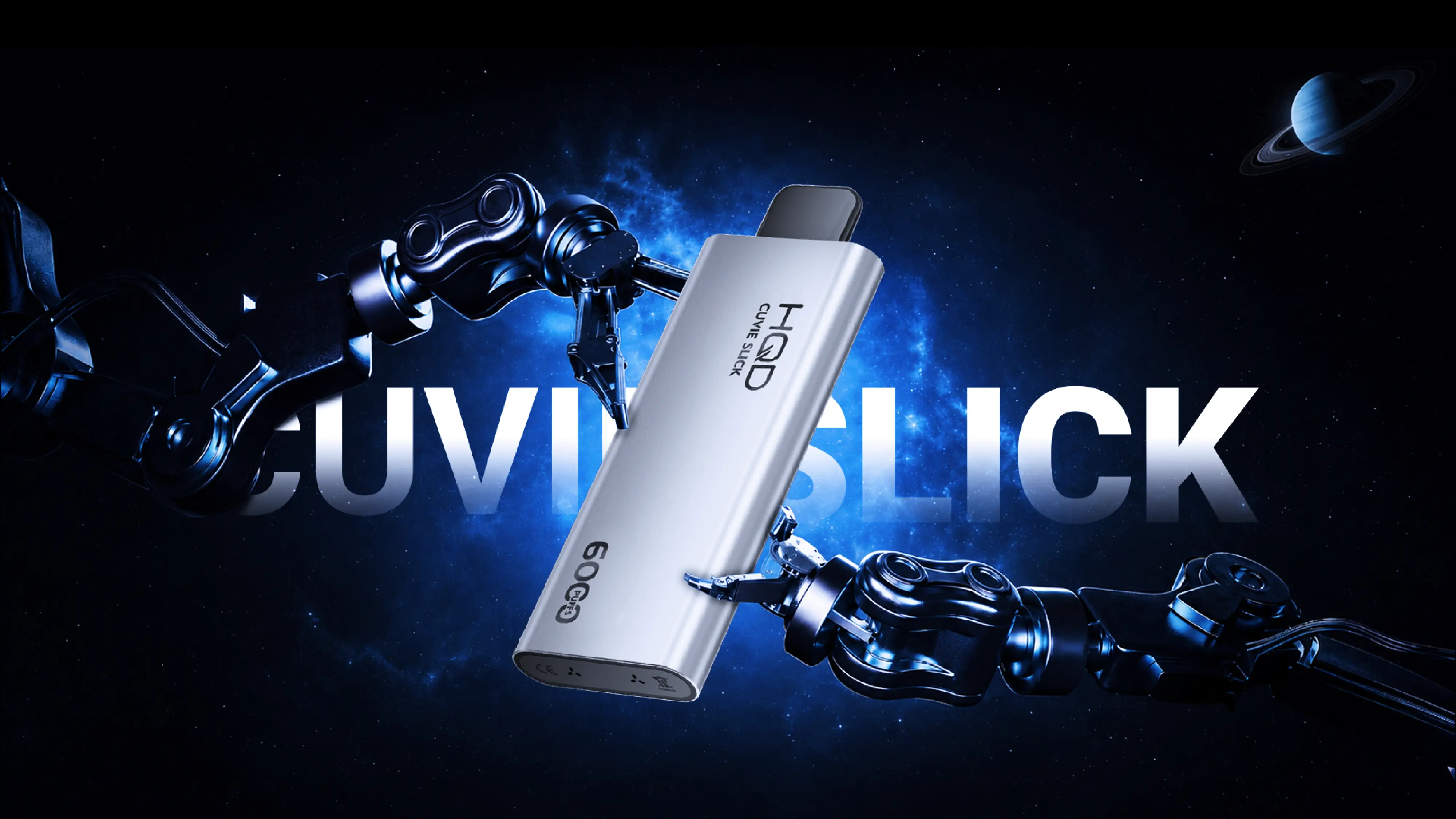 HQD Cuvie Slick — futuristic robotic arms holding the device