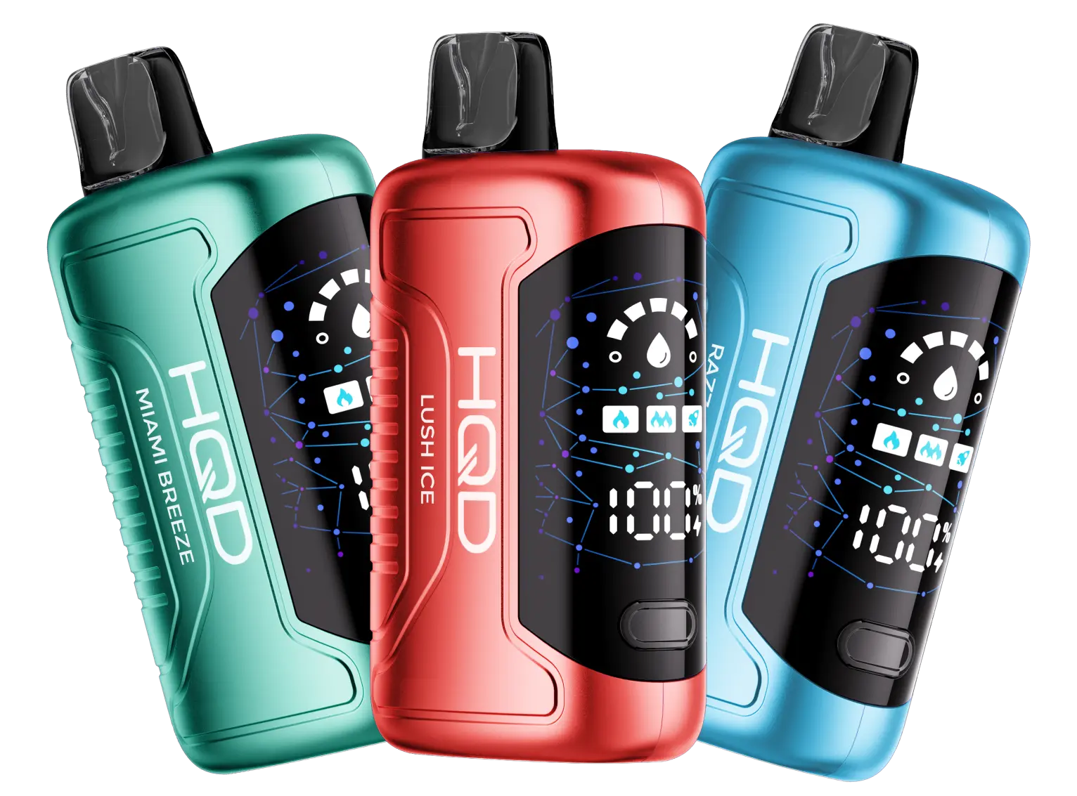 HQD Go devices — Miami Breeze, Lush Ice, and blue